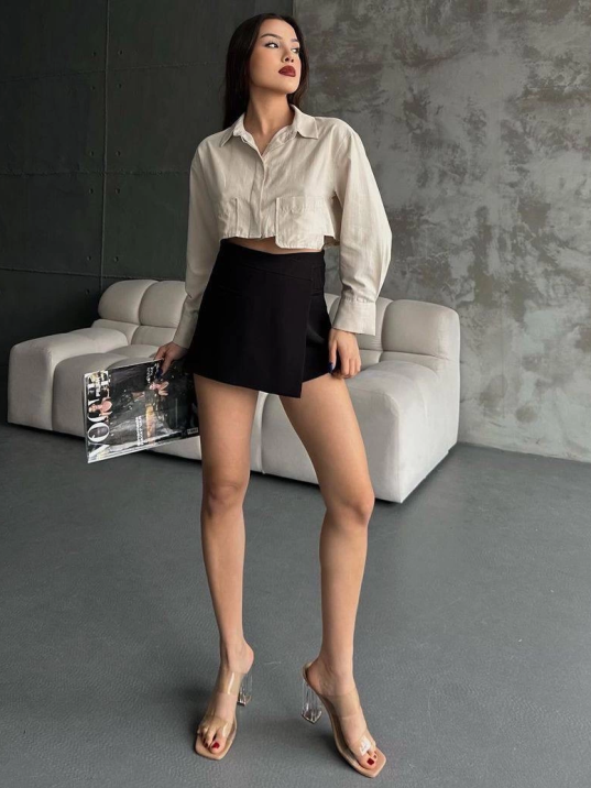 Poplin crop gömlek bej s3060 Poplin crop gömlek bej s3060