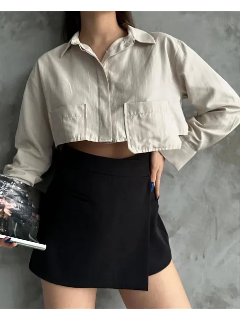 Poplin Crop Gömlek Bej S3060