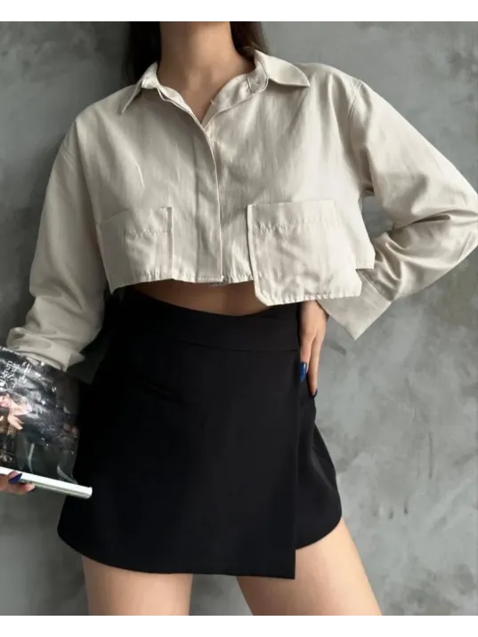 Poplin Crop Gömlek Bej S3060