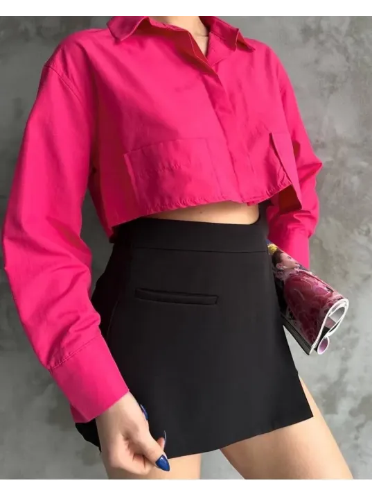 Poplin Crop Gömlek Fuşya S3060
