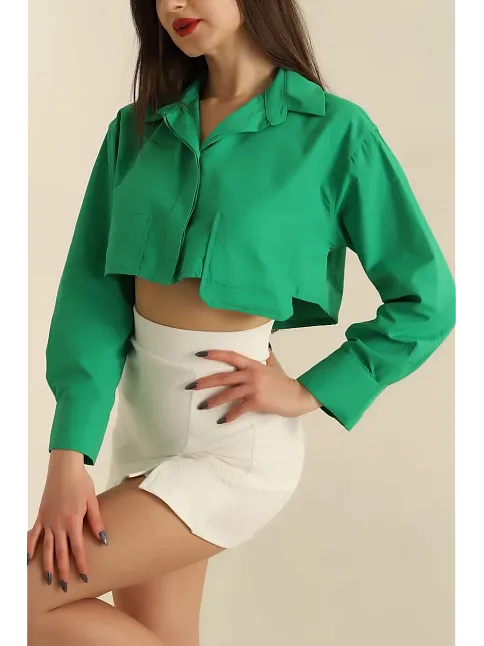 Poplin Crop Gömlek Yeşil S3060