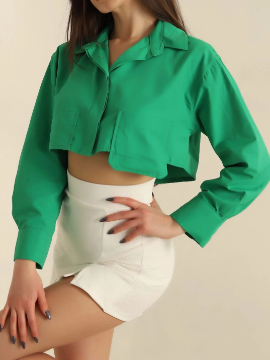 Poplin crop gömlek yeşil s3060 Poplin crop gömlek yeşil s3060