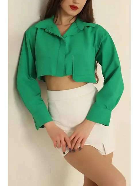 Poplin Crop Gömlek Yeşil S3060