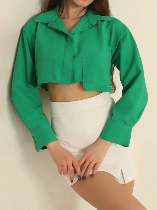 Poplin crop gömlek yeşil s3060 Poplin crop gömlek yeşil s3060