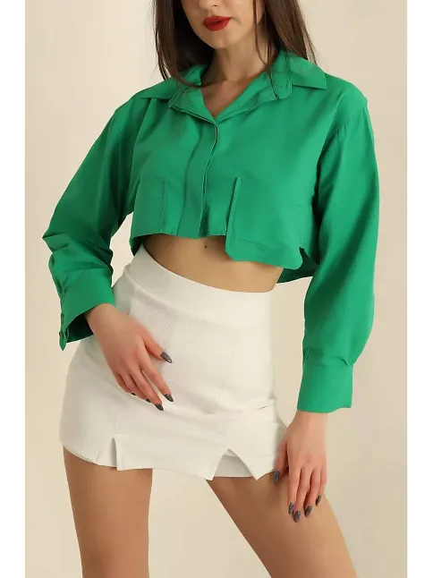 Poplin Crop Gömlek Yeşil S3060