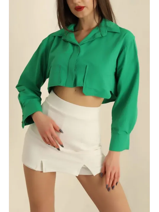 Poplin Crop Gömlek Yeşil S3060