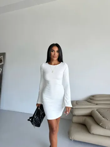 Prenses Kol Esnek Kumaş Elbise Beyaz F2334