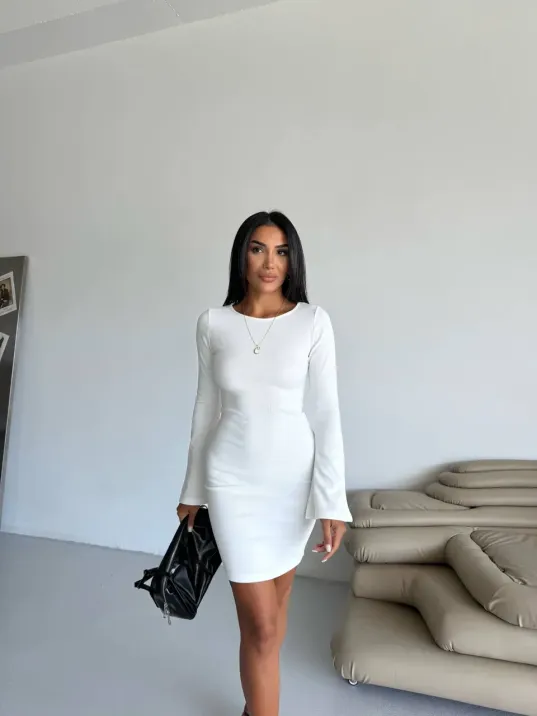 Prenses Kol Esnek Kumaş Elbise Beyaz F2334