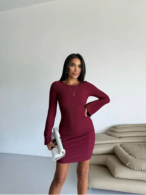 Prenses Kol Esnek Kumaş Elbise Bordo F2334