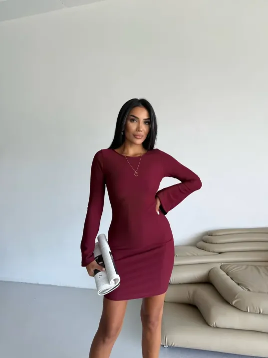 Prenses Kol Esnek Kumaş Elbise Bordo F2334