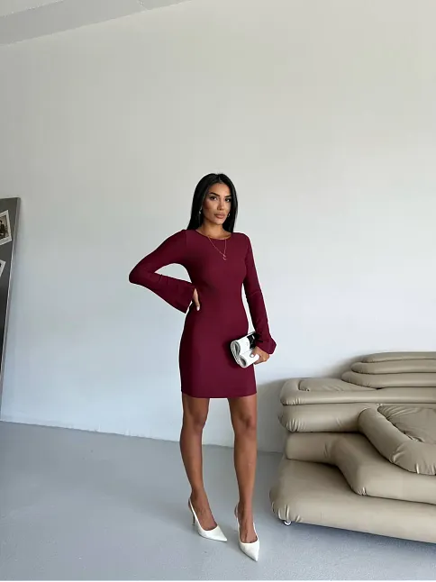 Prenses Kol Esnek Kumaş Elbise Bordo F2334
