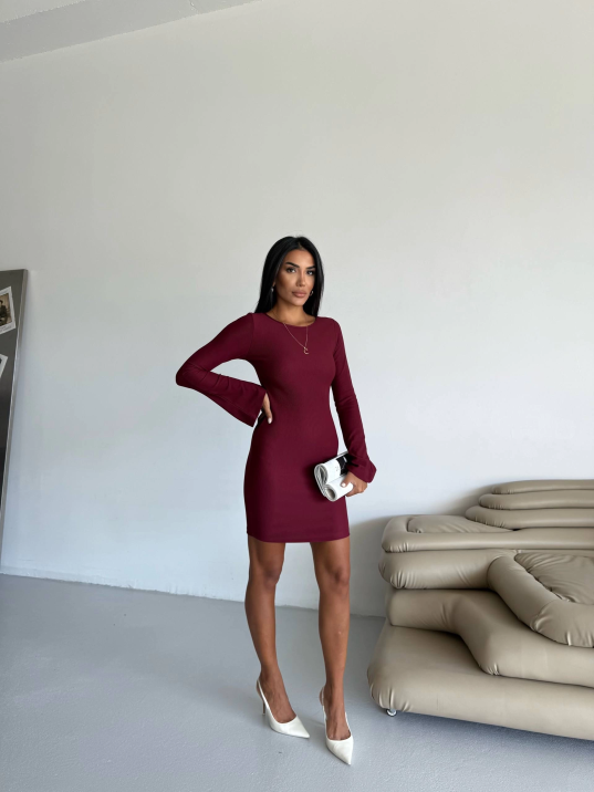 Prenses kol esnek kumaş elbise bordo f2334