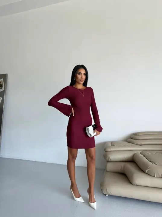 Prenses Kol Esnek Kumaş Elbise Bordo F2334