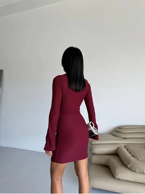 Prenses Kol Esnek Kumaş Elbise Bordo F2334