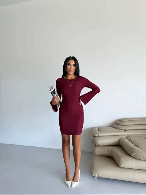 Prenses Kol Esnek Kumaş Elbise Bordo F2334