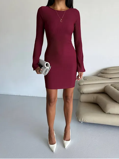 Prenses Kol Esnek Kumaş Elbise Bordo F2334