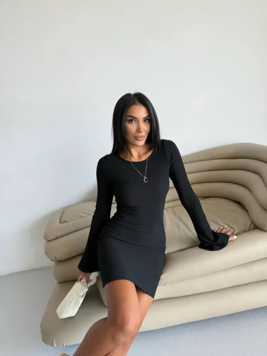 Prenses Kol Esnek Kumaş Elbise Siyah F2334