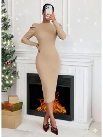 Prenses Kol Kaşkorse Elbise Bej A3691