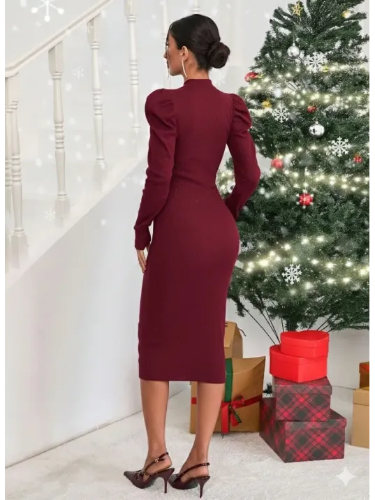 Prenses Kol Kaşkorse Elbise Bordo A3691