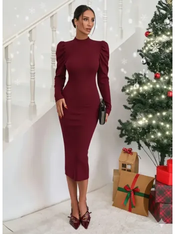 Prenses Kol Kaşkorse Elbise Bordo A3691