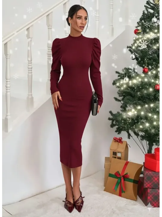 Prenses Kol Kaşkorse Elbise Bordo A3691