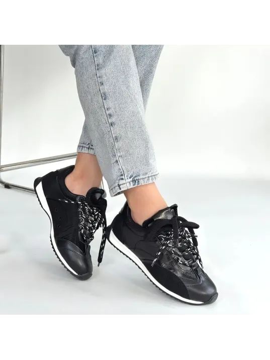 Ranu Siyah Cilt Paraşüt Detaylı Bağcıklı Spor Ayakkabı
