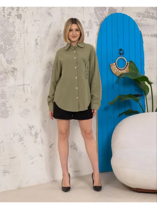 Relax Fit Keten Gömlek Haki S255349