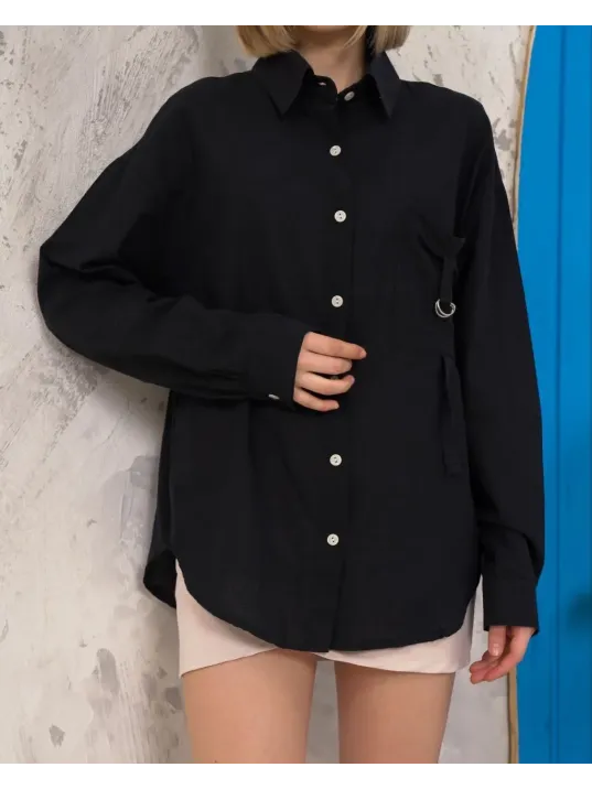 Relax Fit Keten Gömlek Siyah S255349