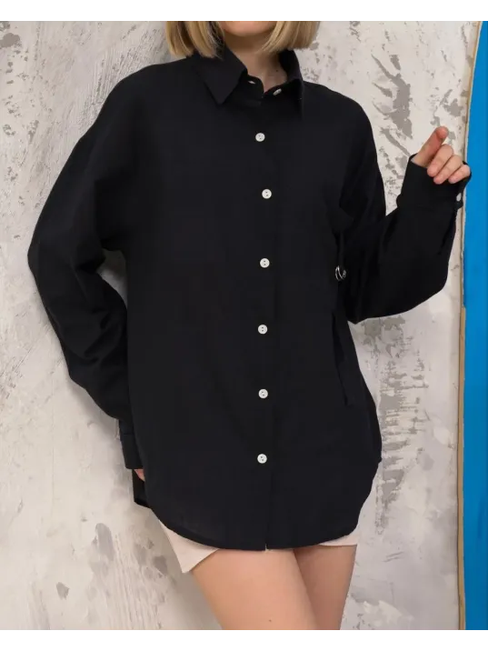 Relax Fit Keten Gömlek Siyah S255349