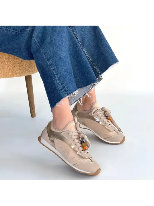 Riaf Bej Cilt Bağcıklı Spor Ayakkabı