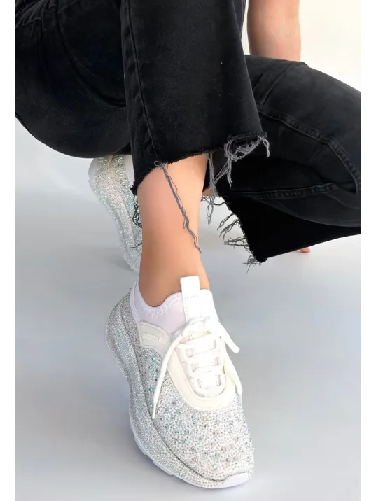 Rimay Beyaz Cilt Boncuk İşlemeli Spor Ayakkabı