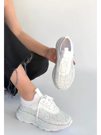 Rimay Beyaz Cilt Boncuk İşlemeli Spor Ayakkabı