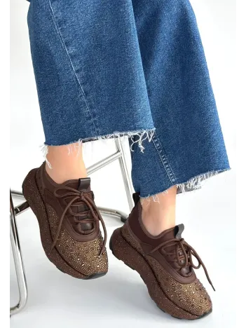 Rimay Kahverengi Cilt Boncuk İşlemeli Spor Ayakkabı