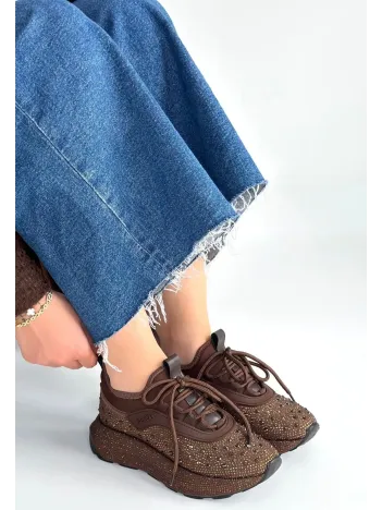 Rimay Kahverengi Cilt Boncuk İşlemeli Spor Ayakkabı