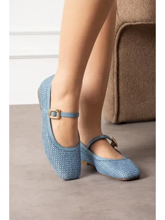 Rives Mavi Cilt Hasır Dokumalı Babet Ayakkabı Rives Mavi Cilt Hasır Dokumalı Babet Ayakkabı