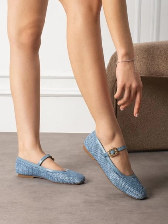 Rives Mavi Cilt Hasır Dokumalı Babet Ayakkabı Rives Mavi Cilt Hasır Dokumalı Babet Ayakkabı