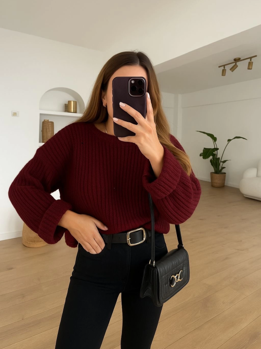 Salaş delik detaylı kazak bordo Salaş delik detaylı kazak bordo