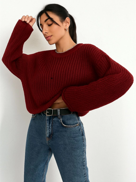 Salaş delik detaylı kazak bordo Salaş delik detaylı kazak bordo