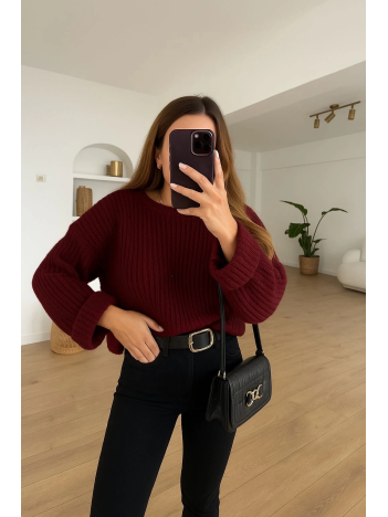 Salaş delik detaylı kazak bordo Salaş delik detaylı kazak bordo