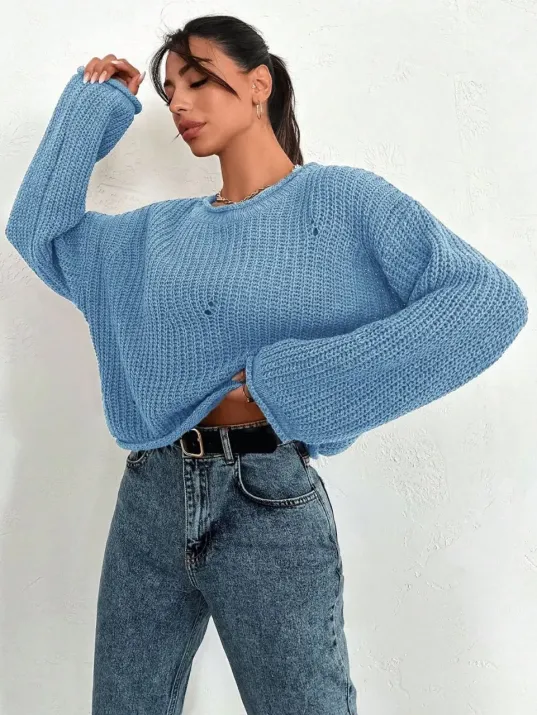 Salaş Delik Detaylı Kazak Mavi