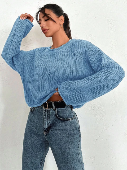 Salaş delik detaylı kazak mavi Salaş delik detaylı kazak mavi