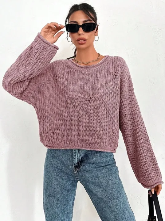 Salaş Delik Detaylı Kazak Pembe