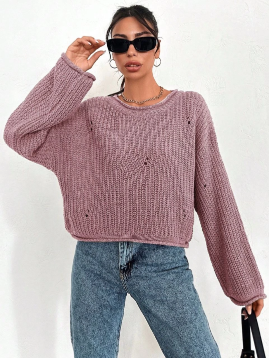 Salaş delik detaylı kazak pembe Salaş delik detaylı kazak pembe