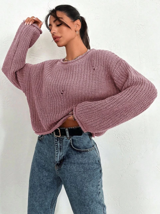 Salaş delik detaylı kazak pembe Salaş delik detaylı kazak pembe