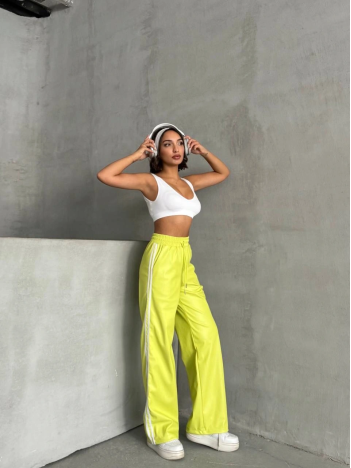 Şeritli Deri Pantolon Yeşil H26430