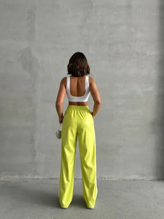 Şeritli Deri Pantolon Yeşil H26430