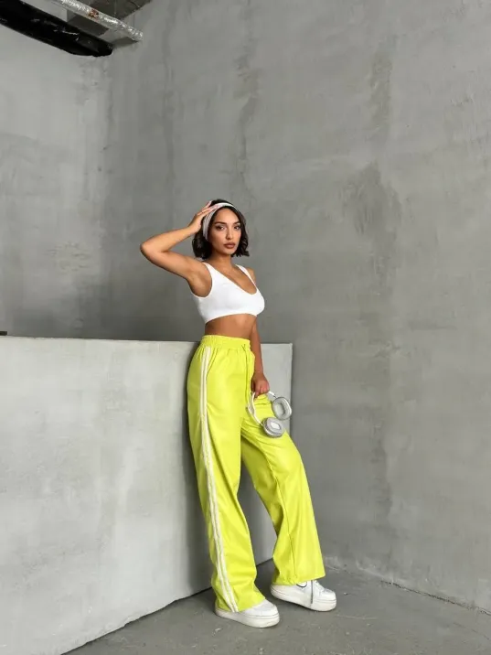 Şeritli Deri Pantolon Yeşil H26430