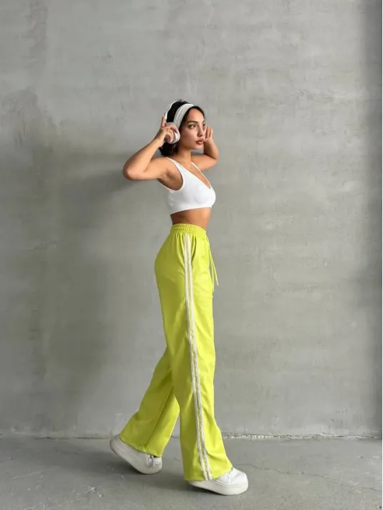 Şeritli Deri Pantolon Yeşil H26430