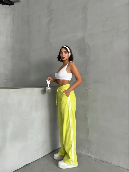 Şeritli Deri Pantolon Yeşil H26430