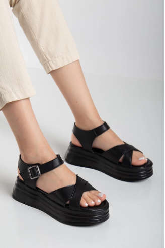 Sibna Siyah Cilt Kemerli Sandalet